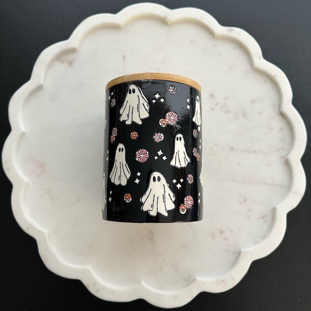 Multicolored Ghost & Flowers Patterned Storage Canister with Bamboo Lid